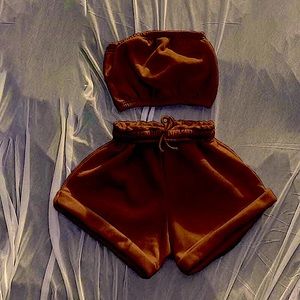SportsWearHighWastedTwoPieceSetWomenCasualCropTopwMatching DrawstringShorts